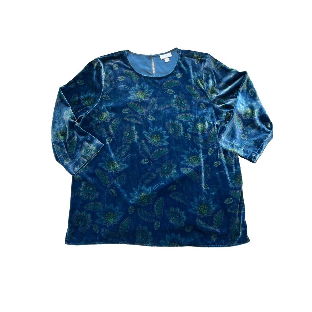 J Jill Women’s Top Tunic Size L Velvet Blue Floral Shimmer Boho 3/4 Sleeves
